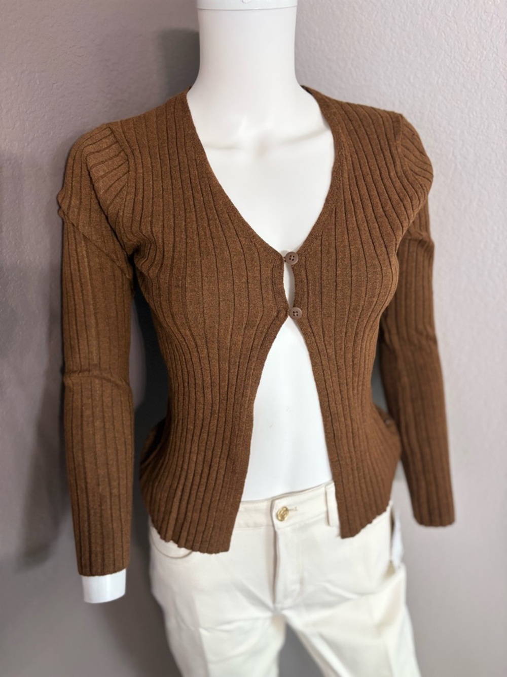 Girls Zara Brown Ribbed V-Neck Button Cardigan